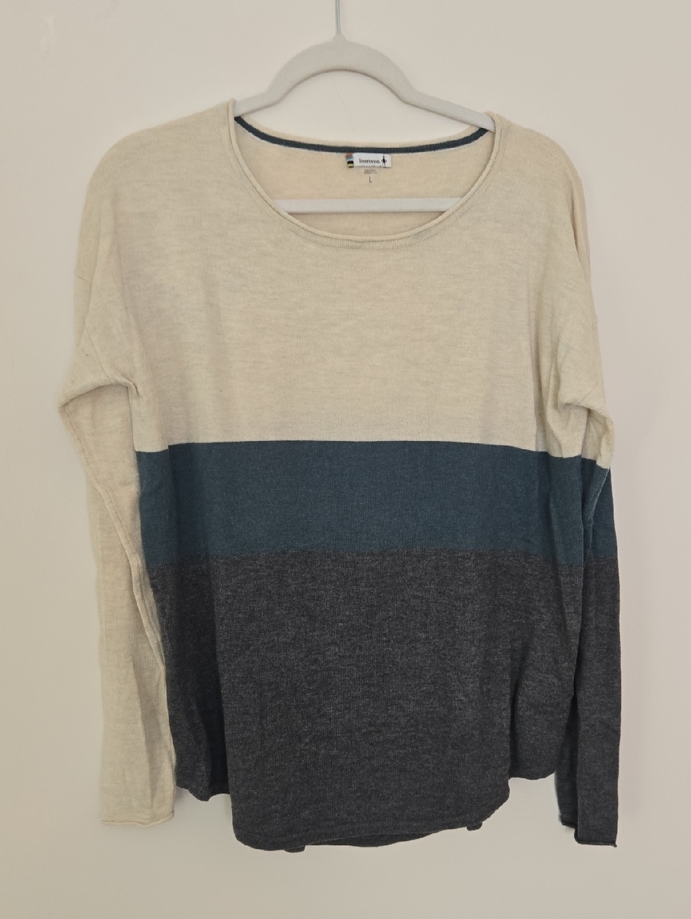 Smartwool Colorblock Crewneck Sweater in Cream, Teal & Charcoal Size L